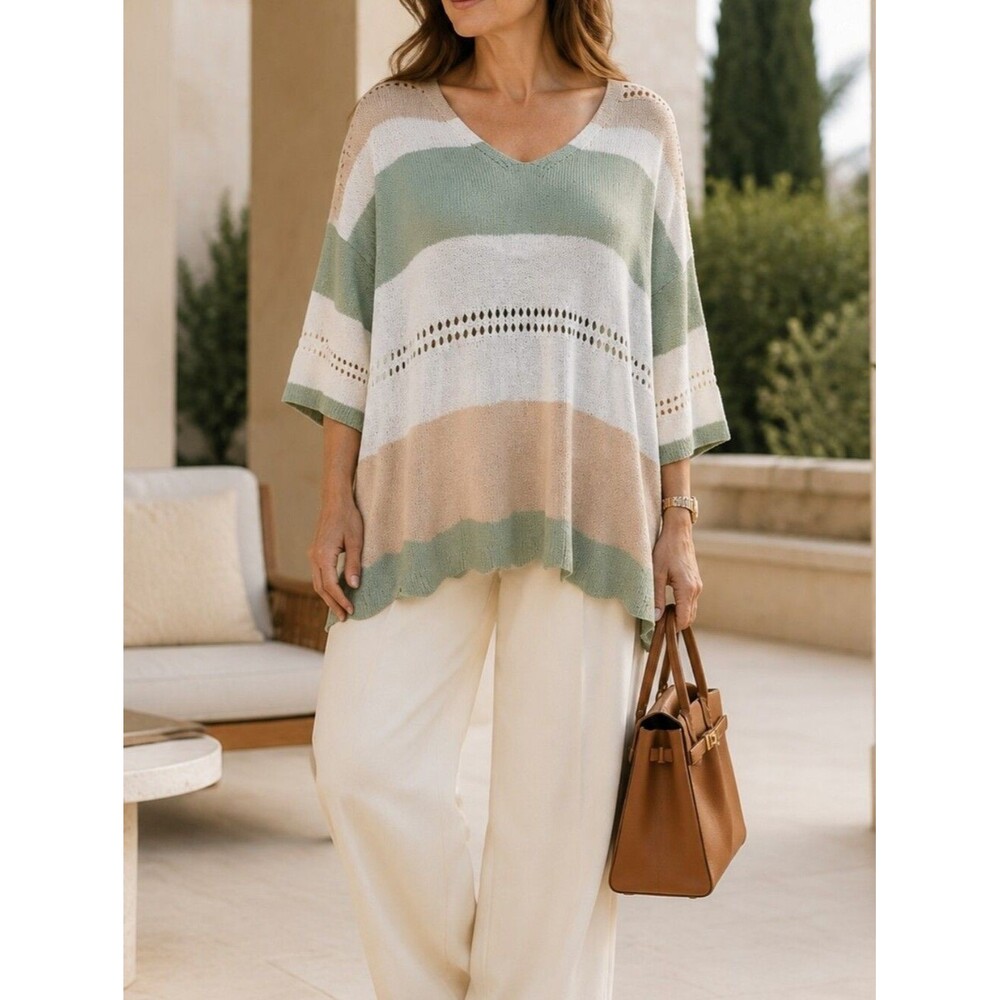 Open Weave Lightweight Beachy S/S Sweater M Cream Tan Green Vneck Transitional W